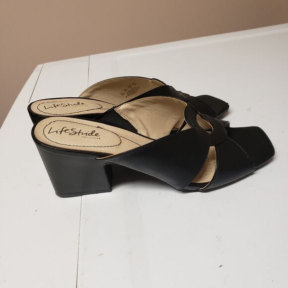 Life Stride Soft System Open Toe Leather Block Heel Black Sandals Sz 10 M PO Exc - Picture 12 of 13